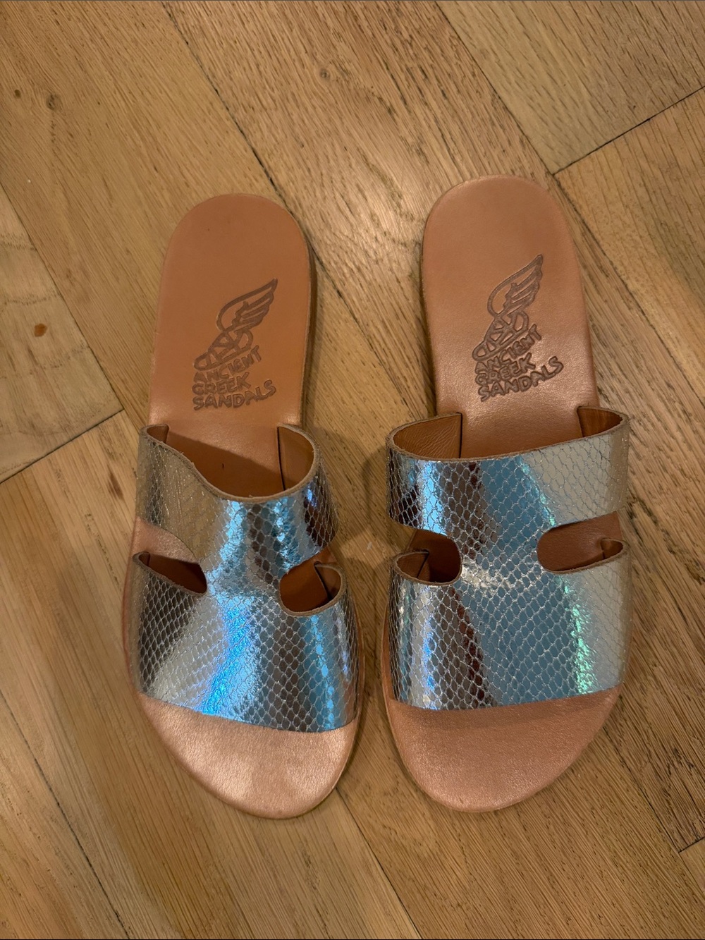 Ancient Greek Sandals Metallic Silver Slide Sandals - 37/7